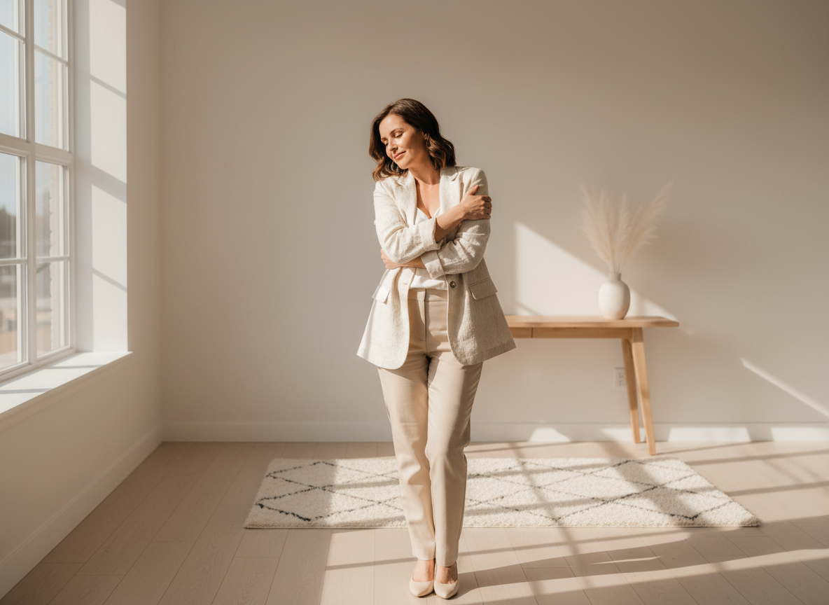Woman in stylish outfit, bright room