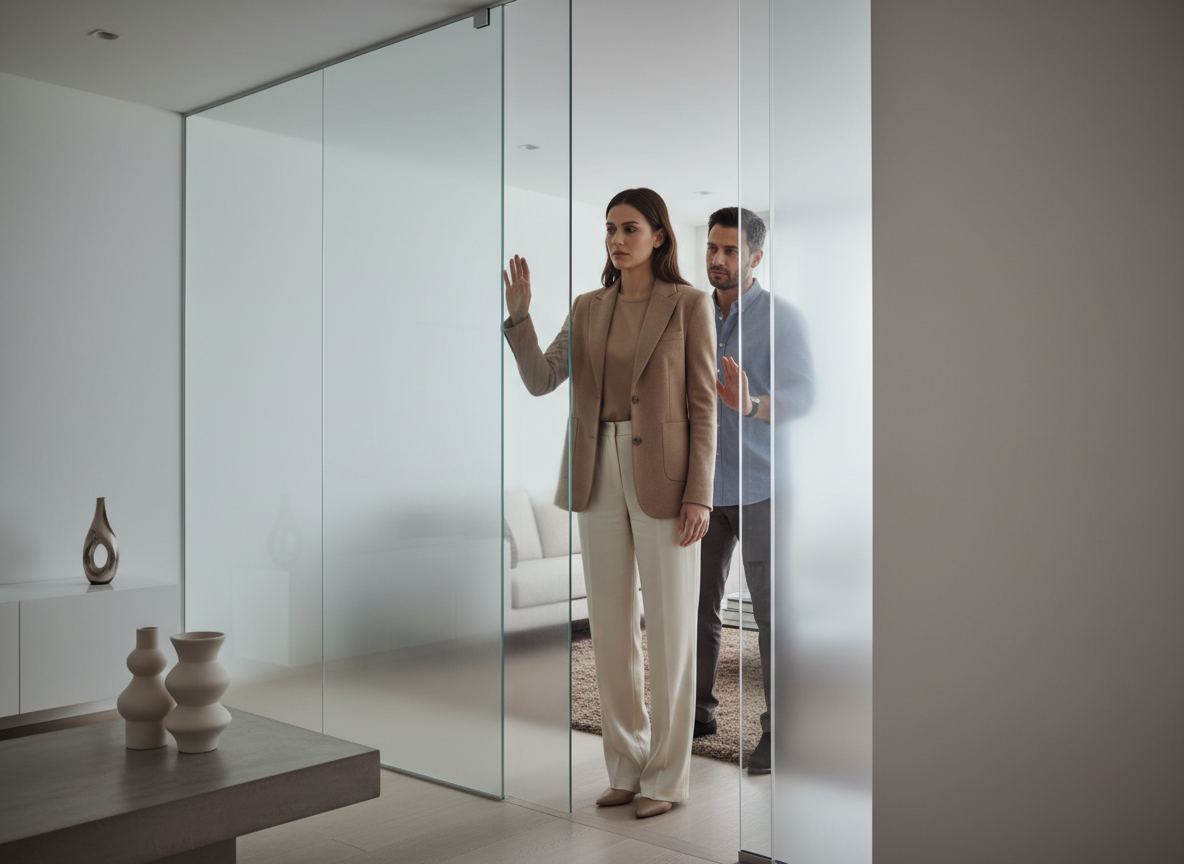 Business meeting behind glass door