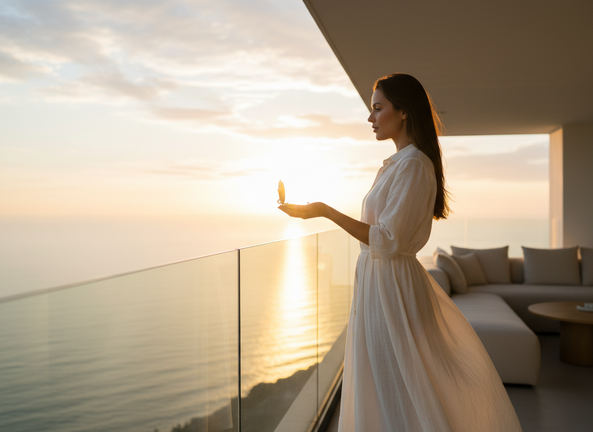 Woman holding light at sunset