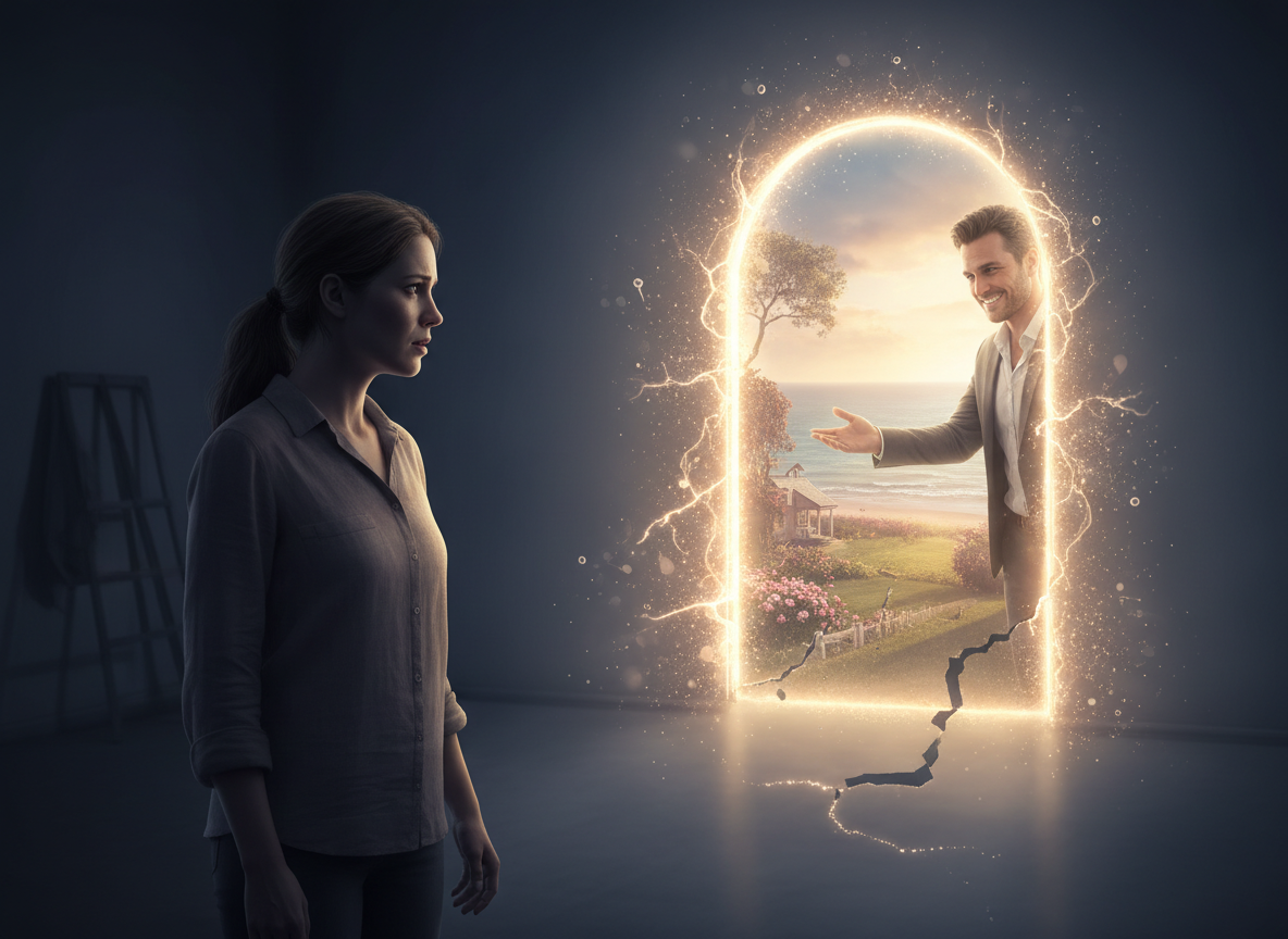 Woman facing magical doorway with man.