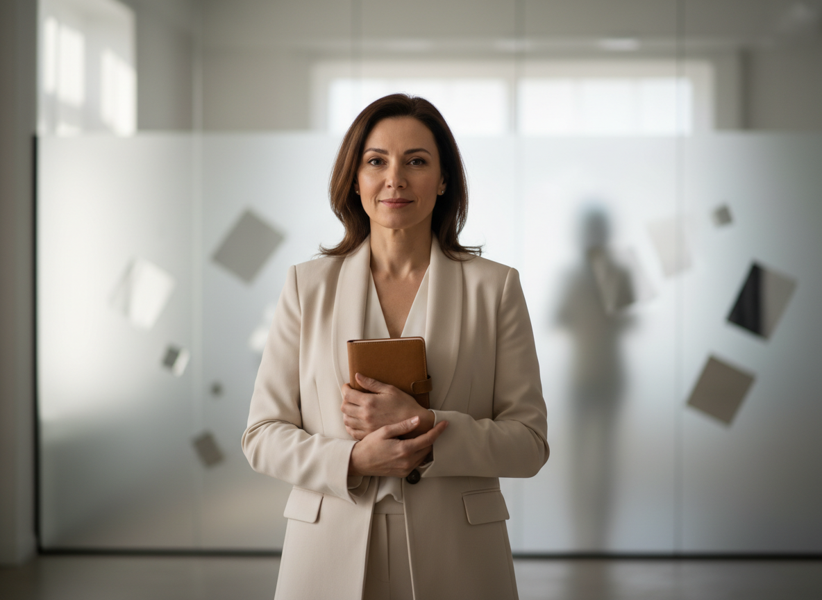 Confident woman holding a notebook.