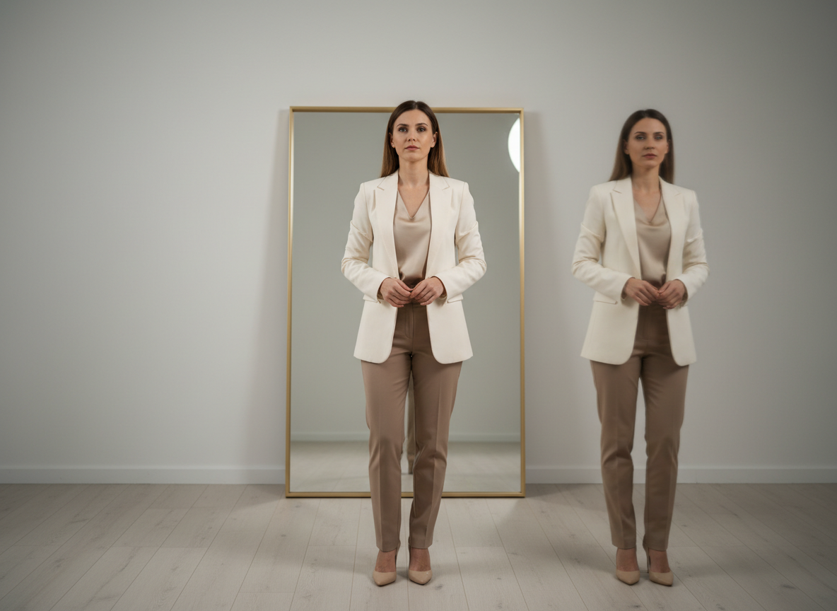 Woman in suit standing by mirror