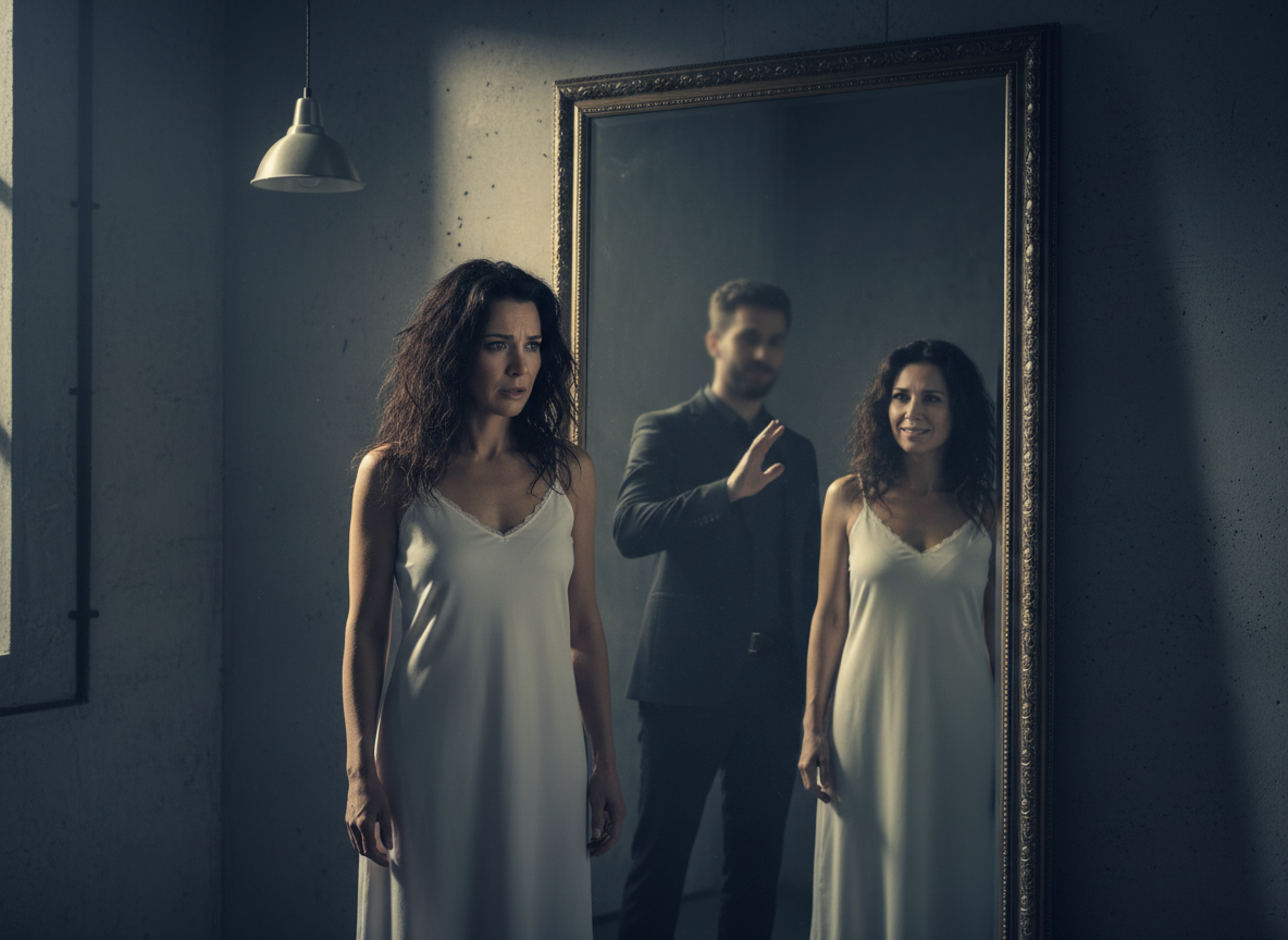 Woman in mirror reflecting confusion