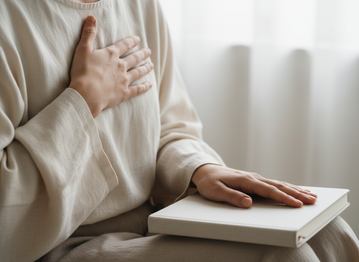 Person with hands on chest and book