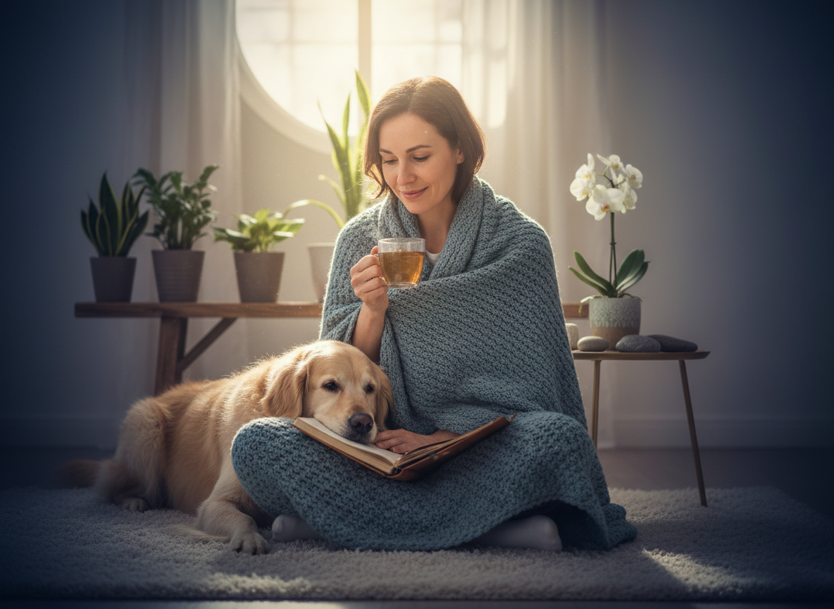 Woman reading with dog, cozy atmosphere