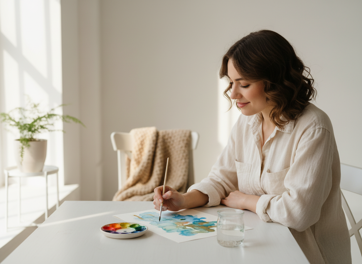 Woman painting with watercolors indoors.