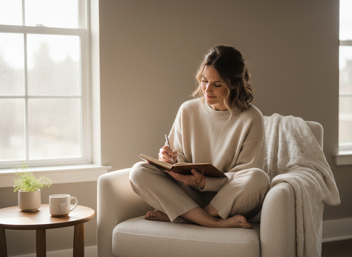 Woman journaling in cozy setting