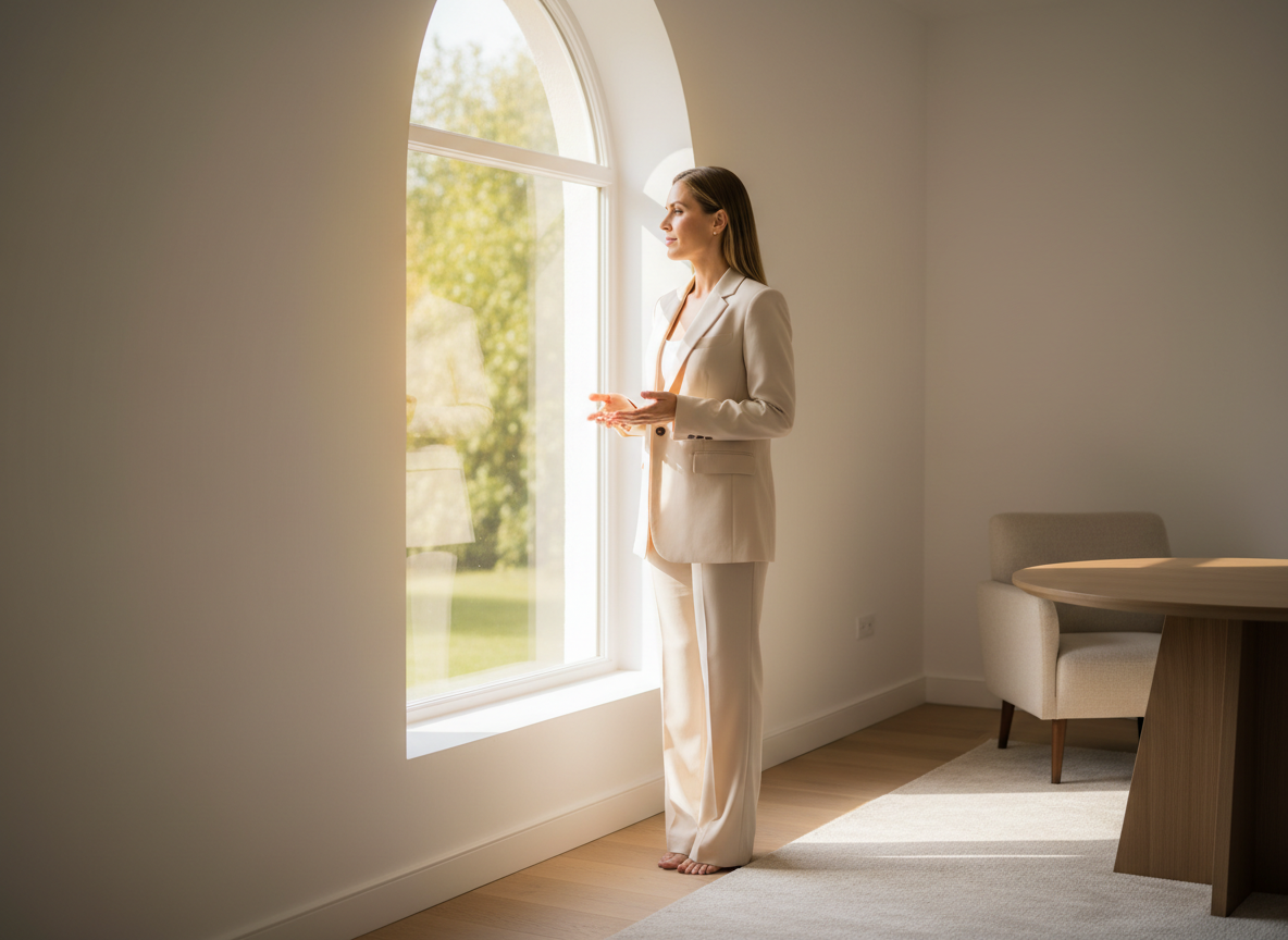 Woman in suit standing by window