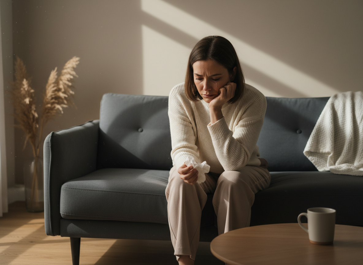 Woman sitting sadly on couch