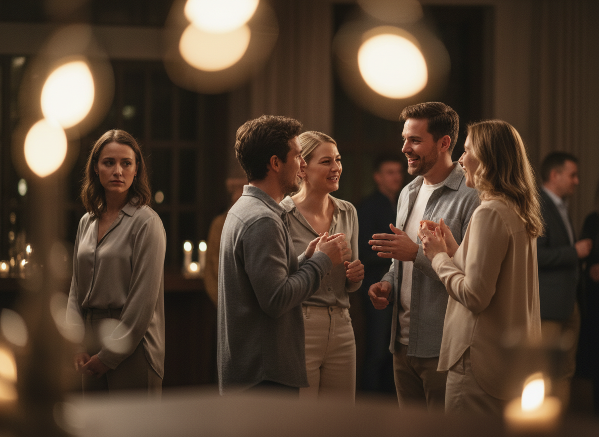 Group of friends chatting at party