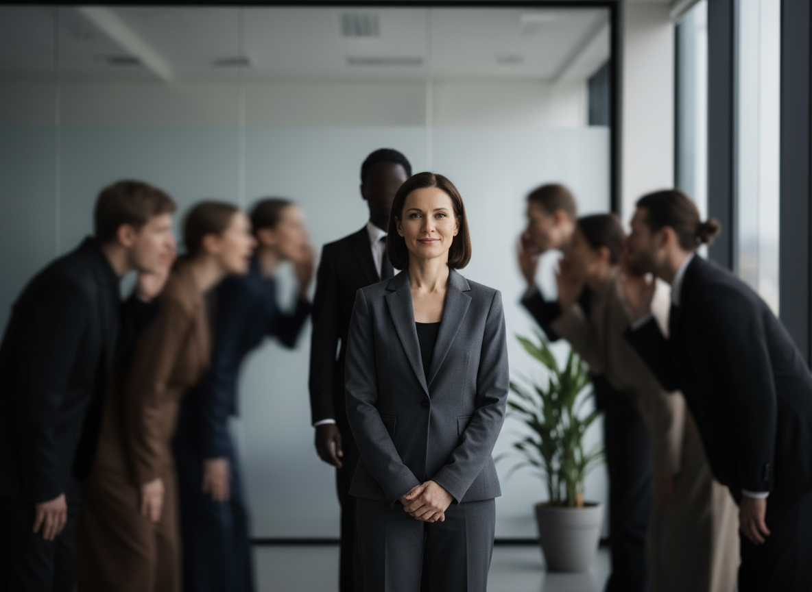 Confident woman amidst whispering colleagues.
