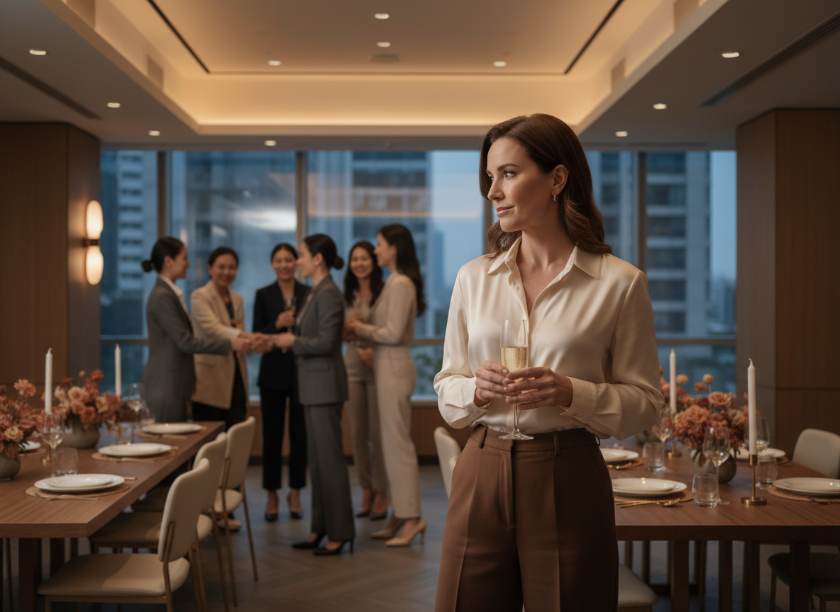 Woman observing others at gathering.