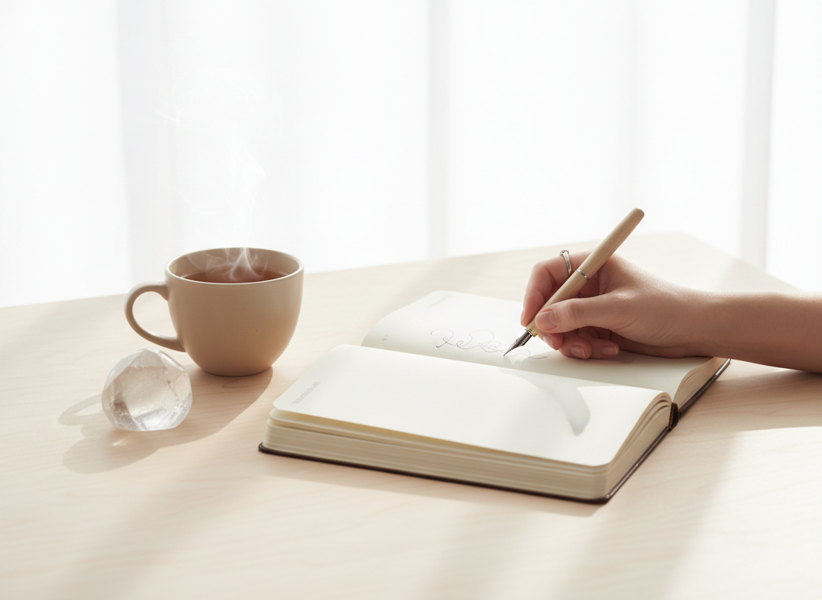 Hand writing in notebook with coffee