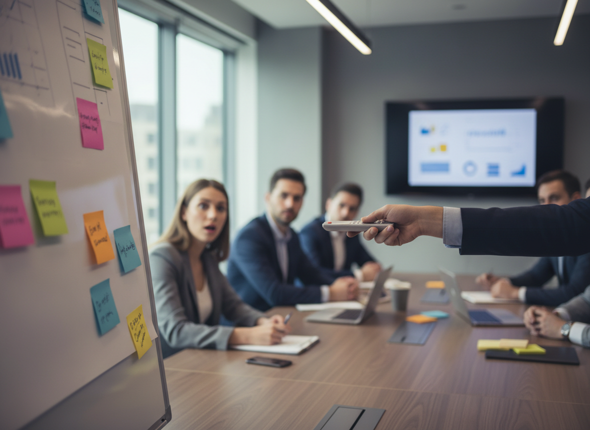 Business meeting with presentations and reactions