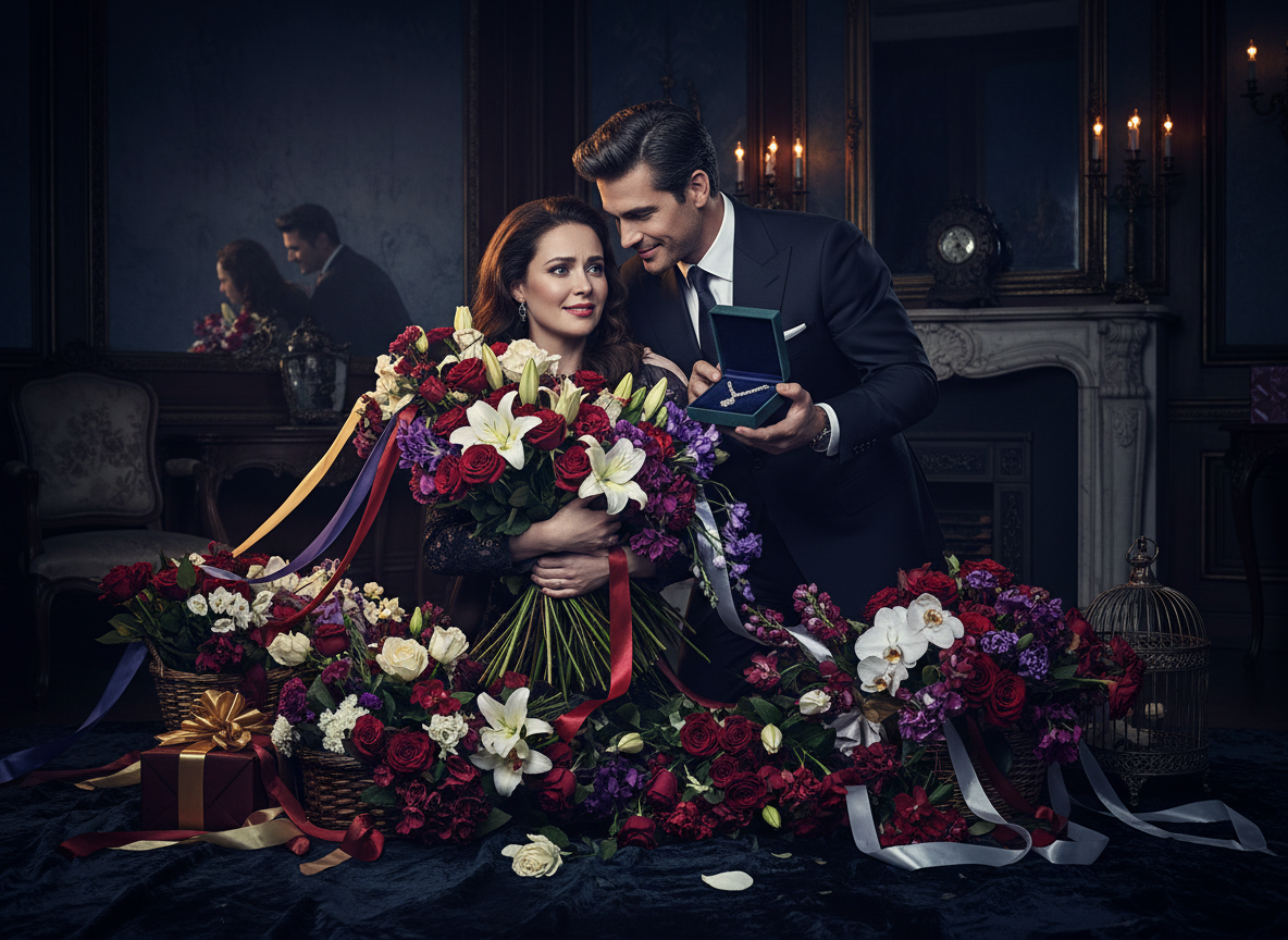 Romantic couple surrounded by flowers