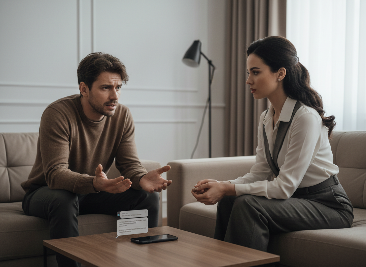 Couple in tense conversation, emotional distance.