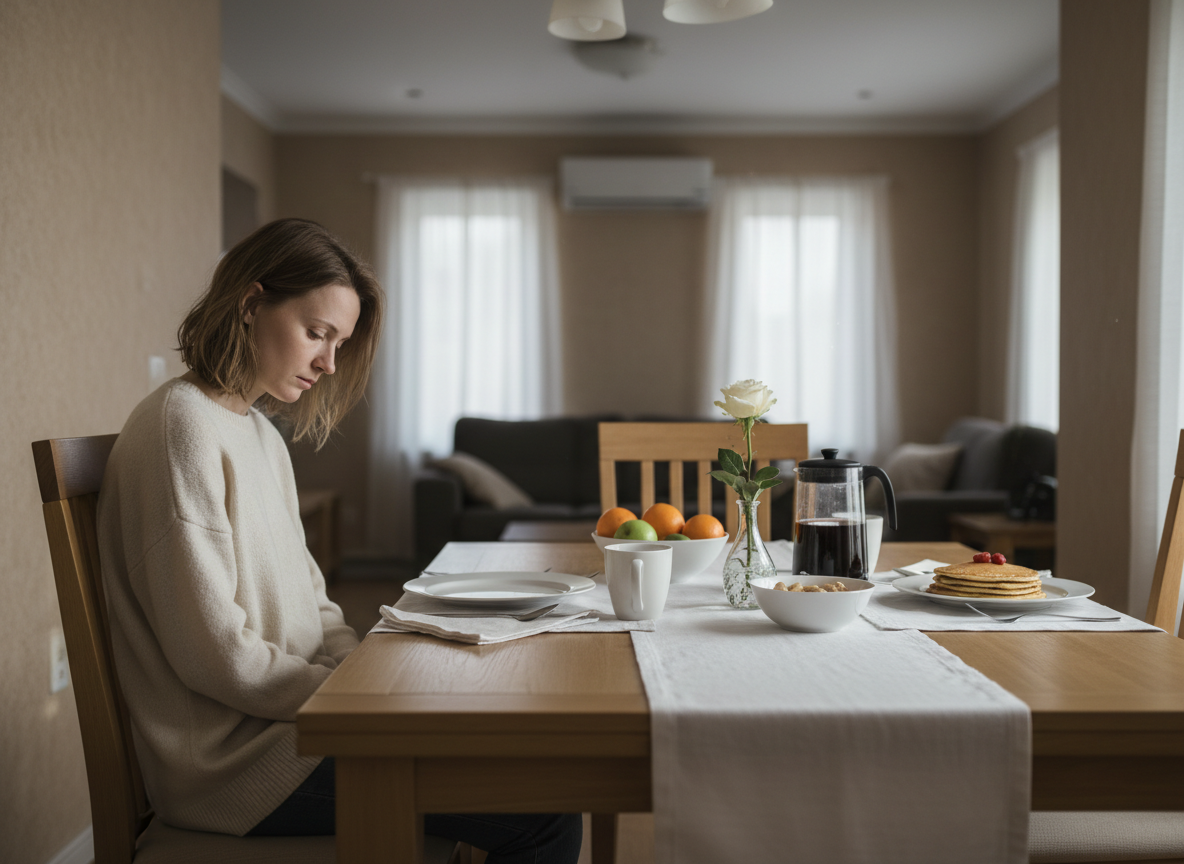 Woman sitting alone at breakfast table