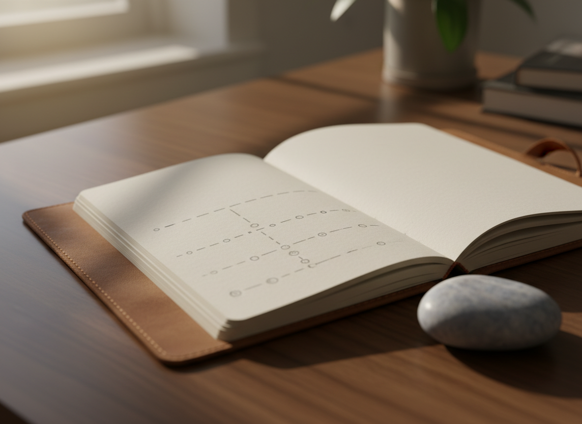 Open notebook on wooden table