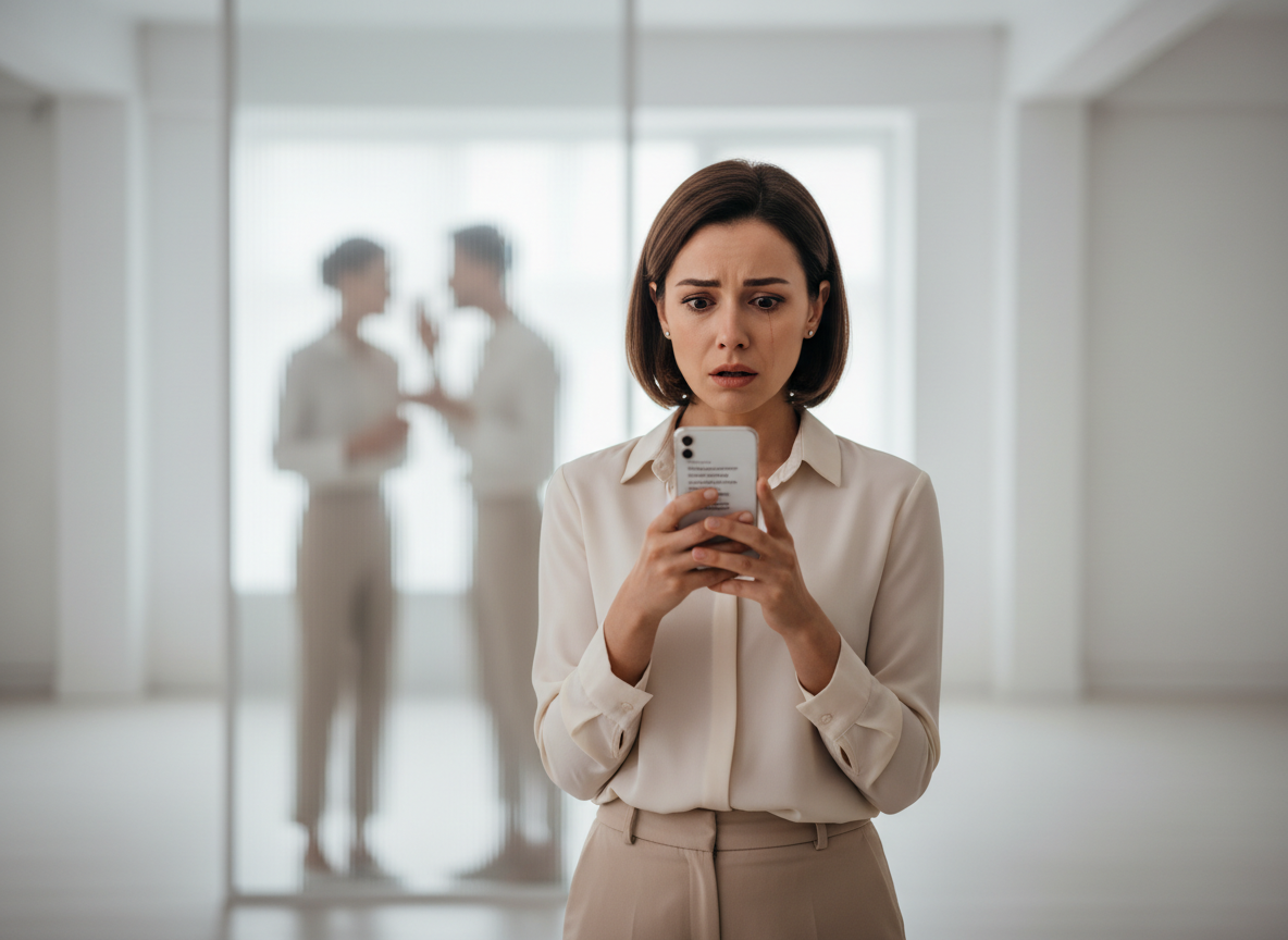 Concerned woman holding a phone.