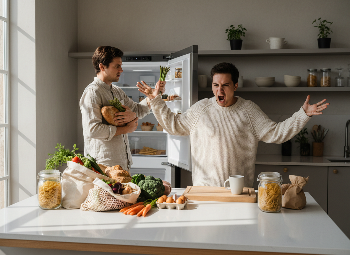 Two men arguing in kitchen.