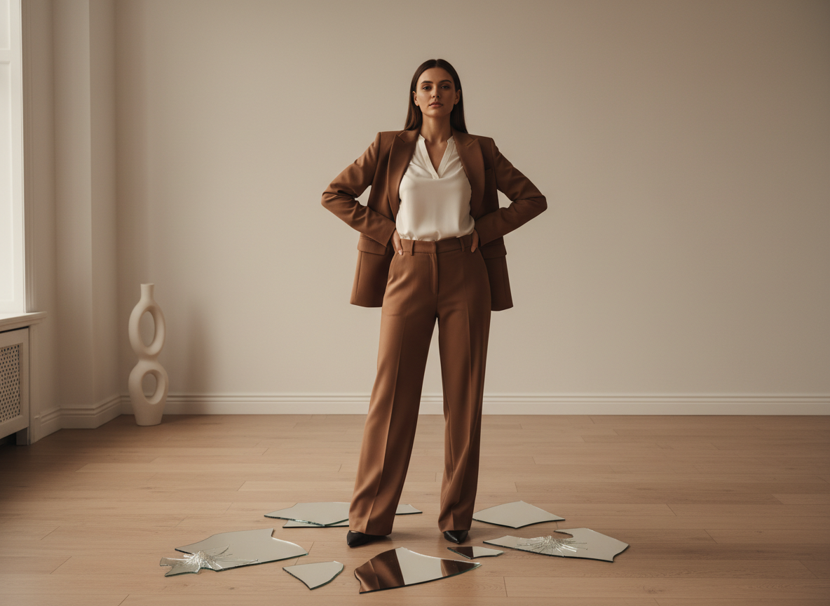 Confident woman standing on shards.