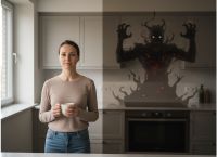 Woman in kitchen with dark figure