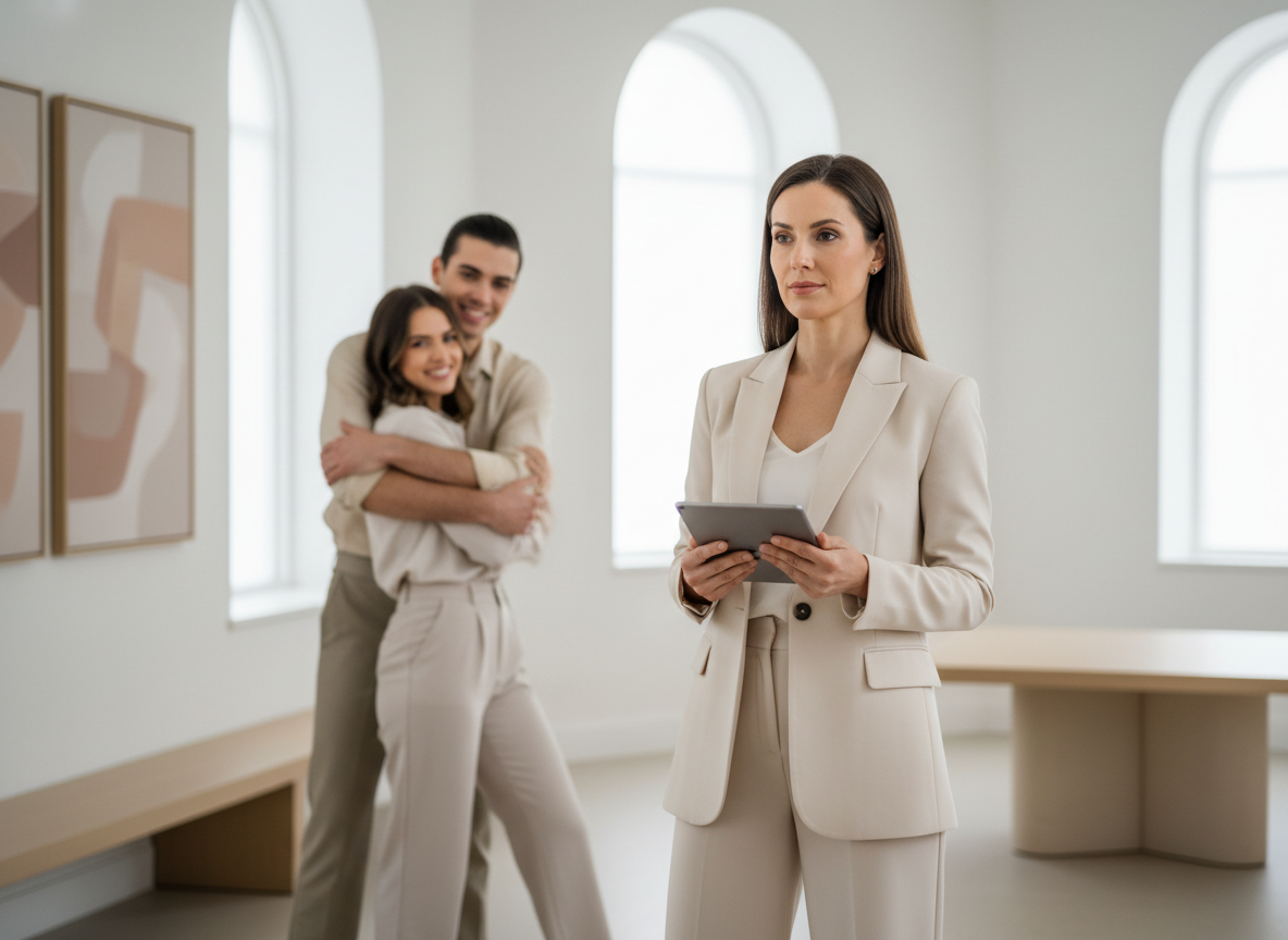 Professional woman with couple in background