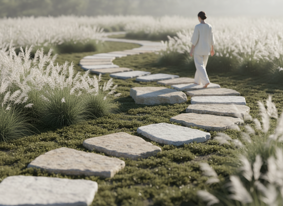 Person walking on a stone pathway.