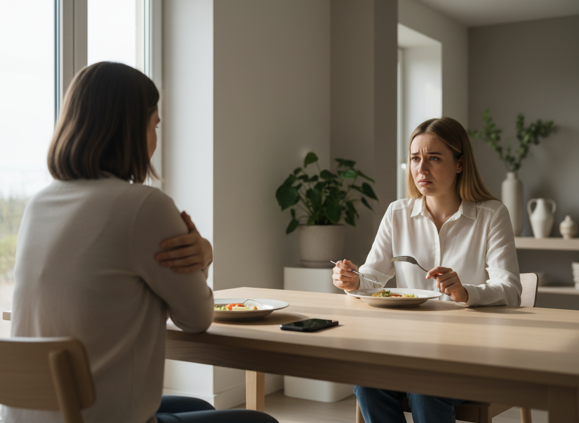 Tense dinner between two women.