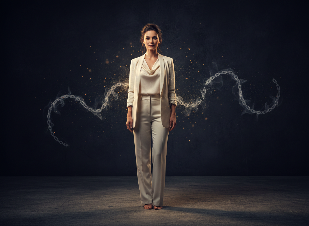 Woman in white, chains dissolving magically.