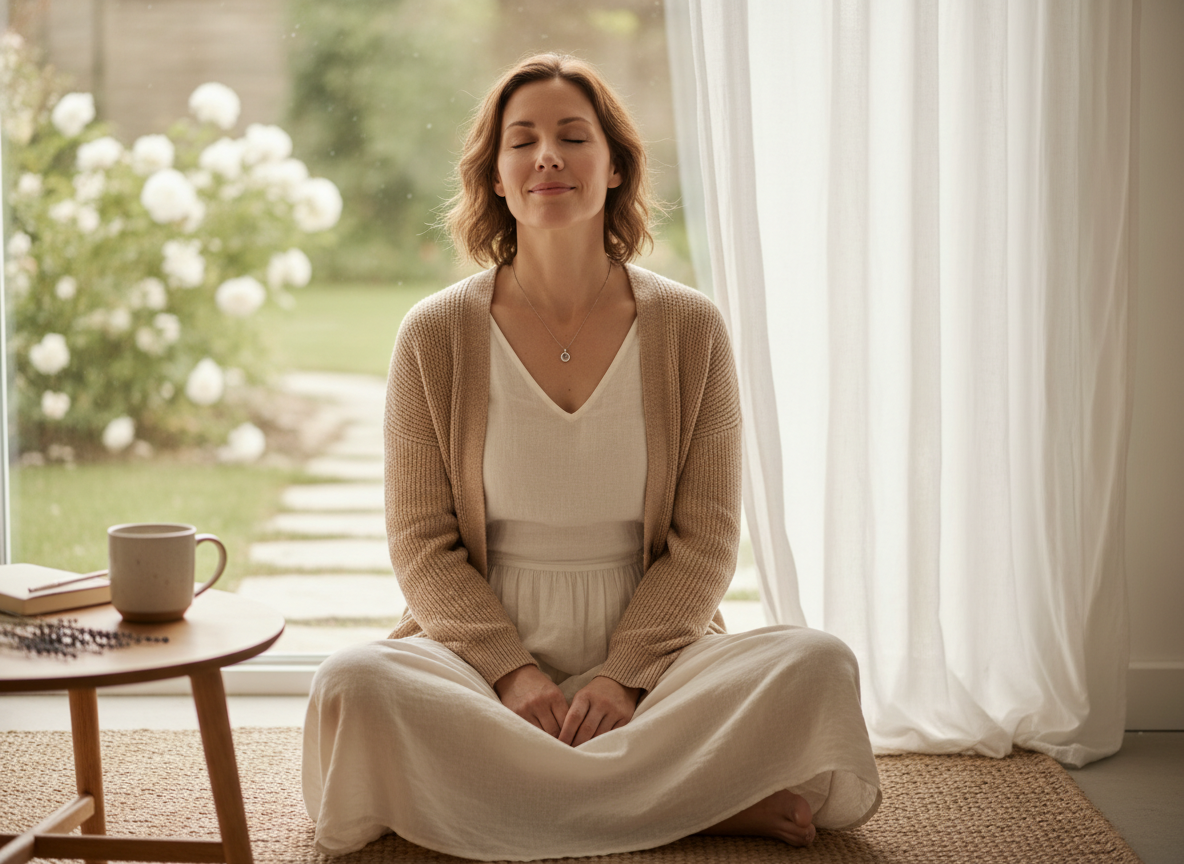 Woman meditating in serene environment.