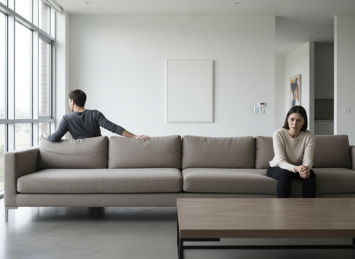 Couple in emotional distance on sofa.