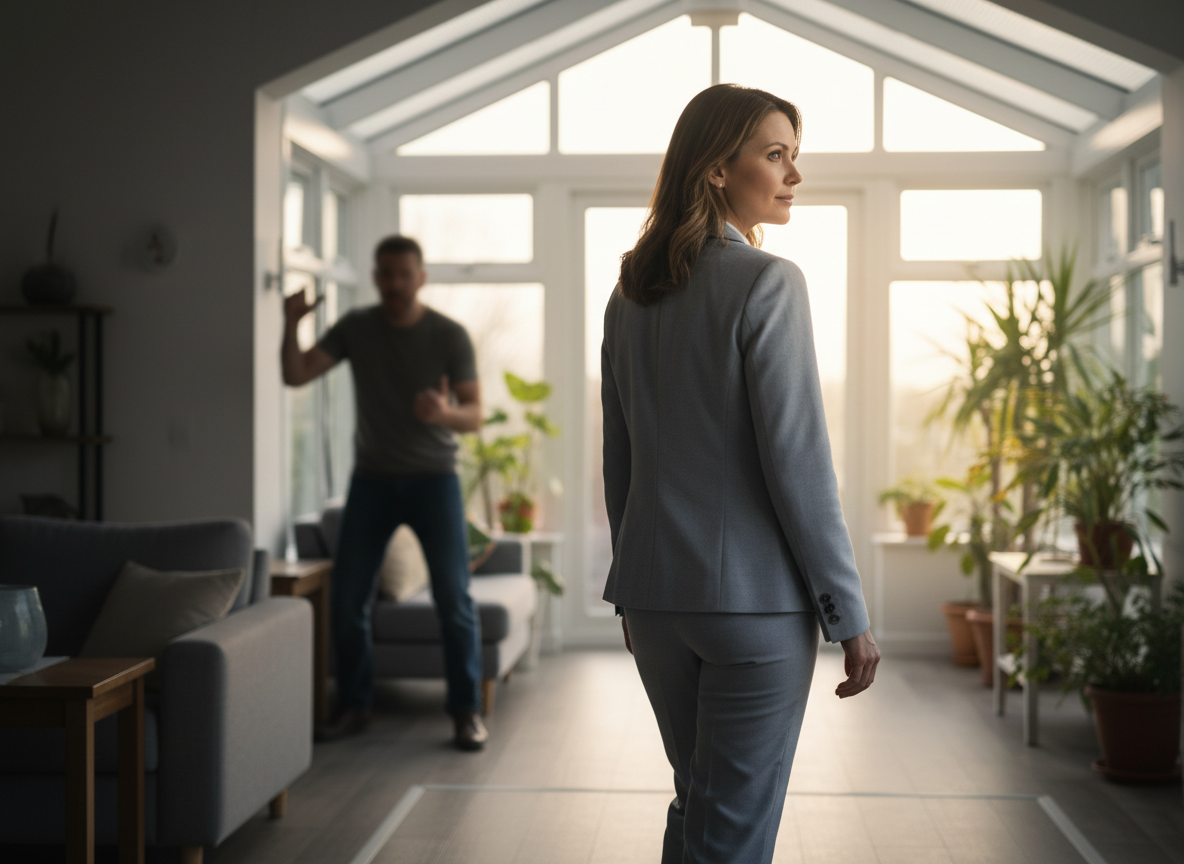 Woman in suit, man in background