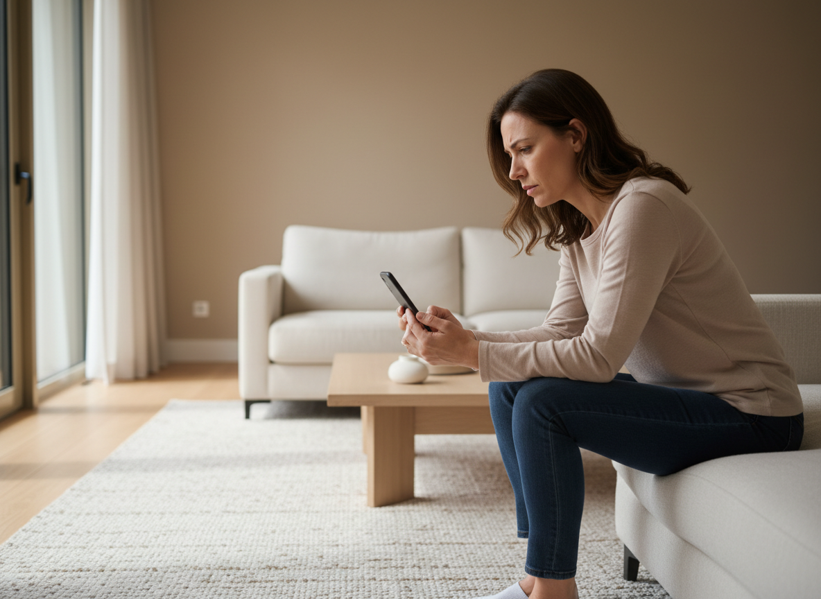 Woman sitting, focused on phone.