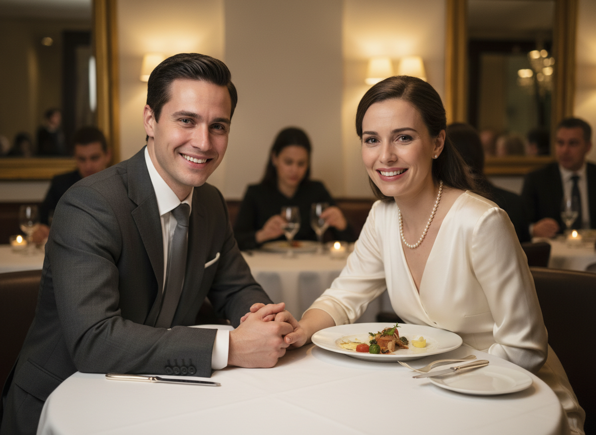 Elegant couple dining in upscale restaurant