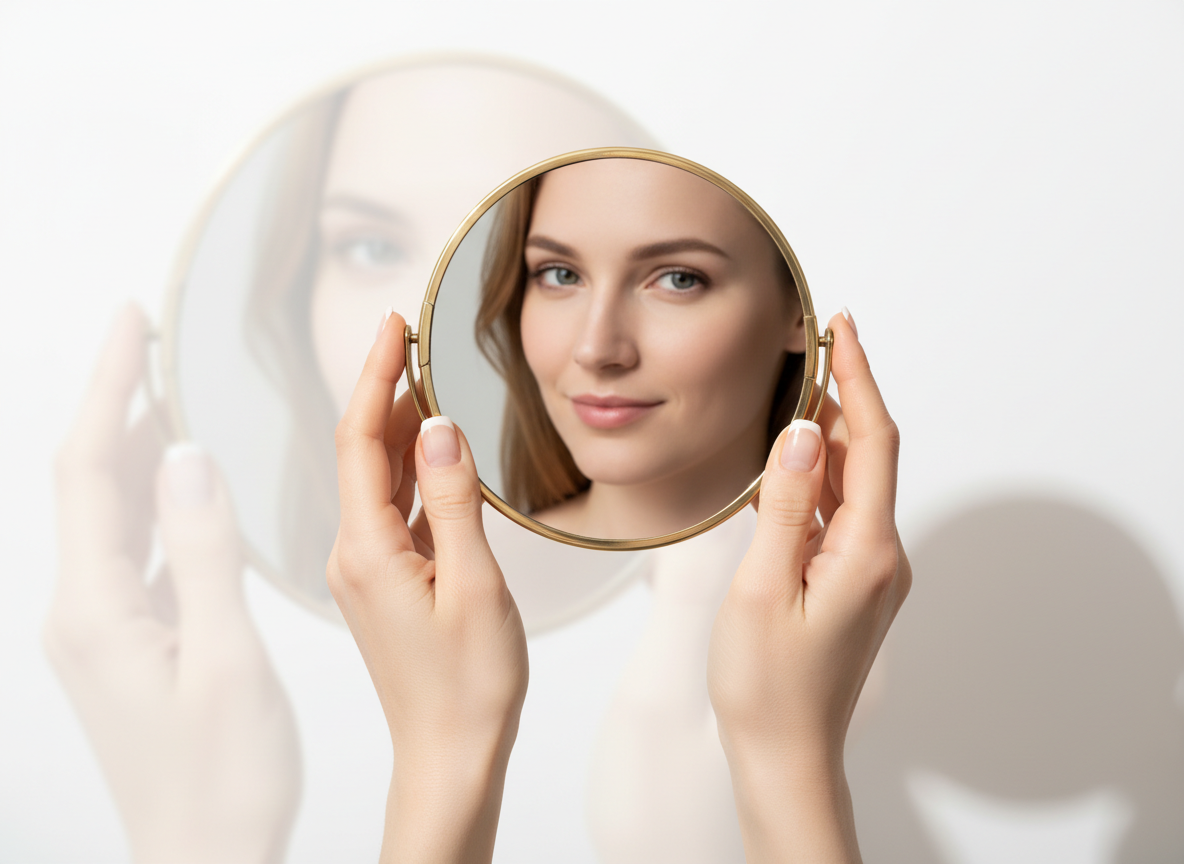 Woman holding a round mirror.