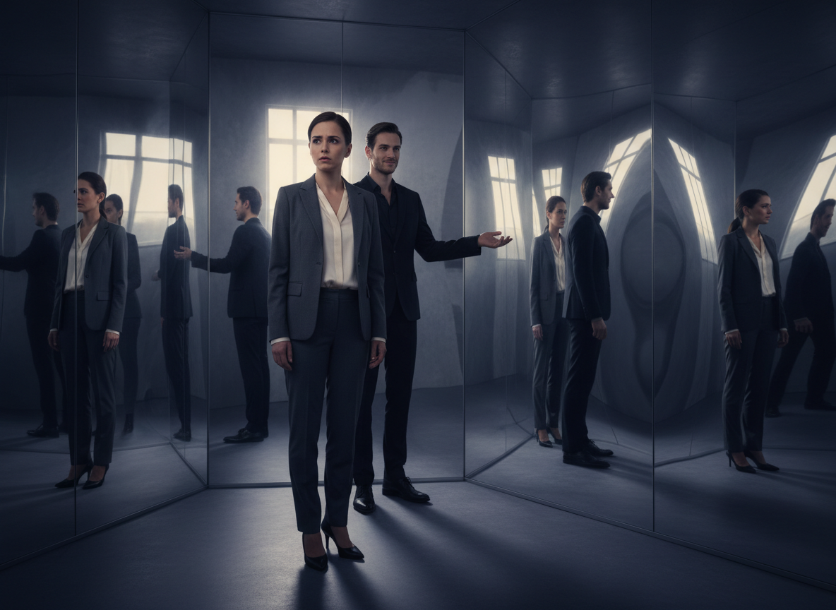 Two figures in a mirrored room.