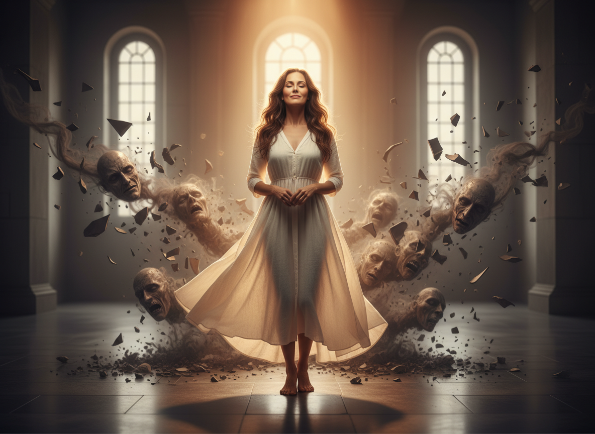 Woman standing amidst swirling shadows.