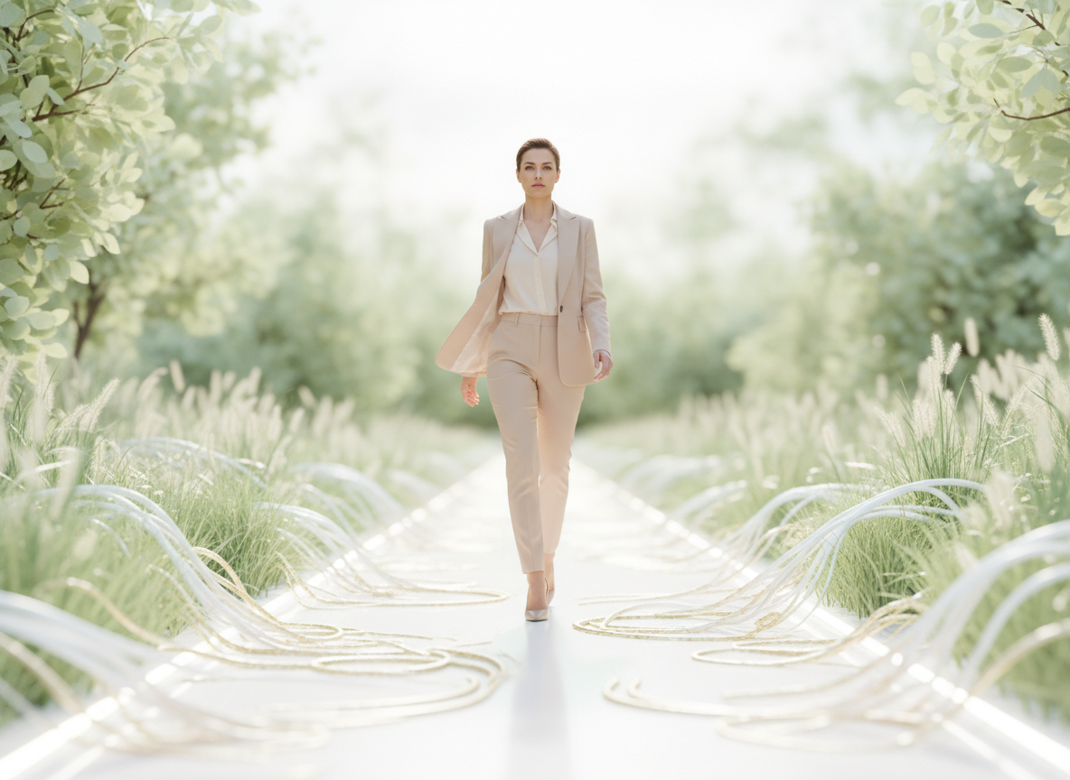 Woman walking on a serene path.