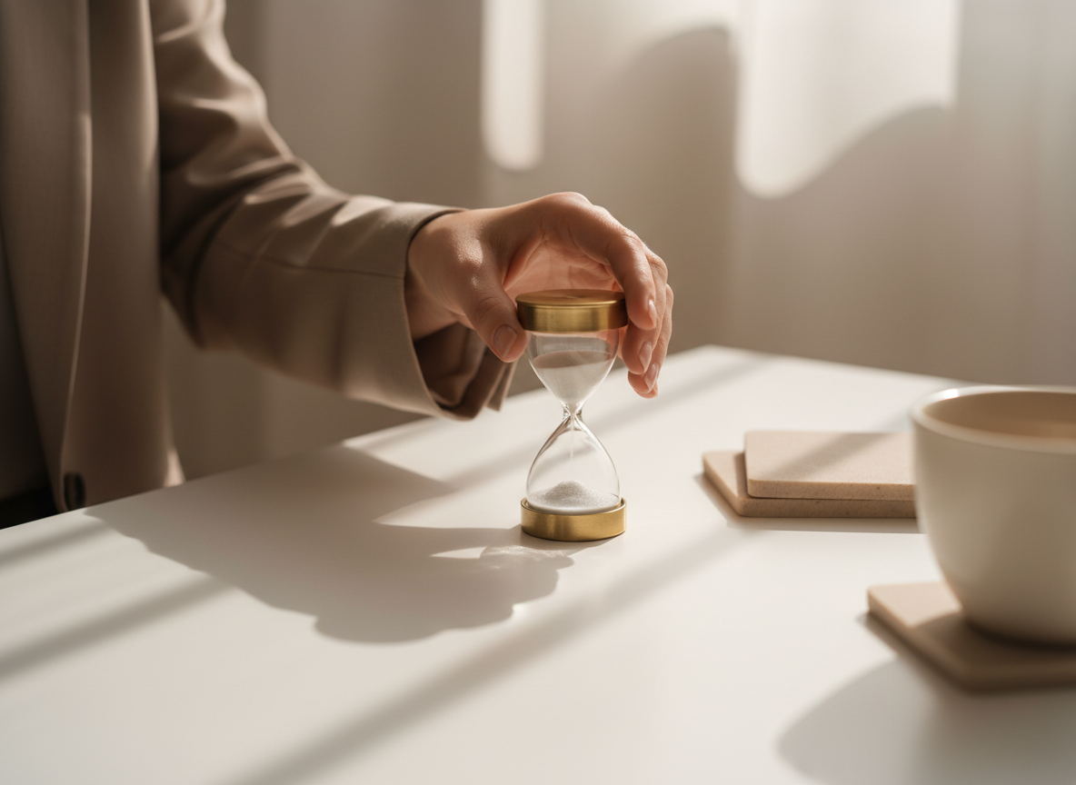 Hand holding an hourglass on table