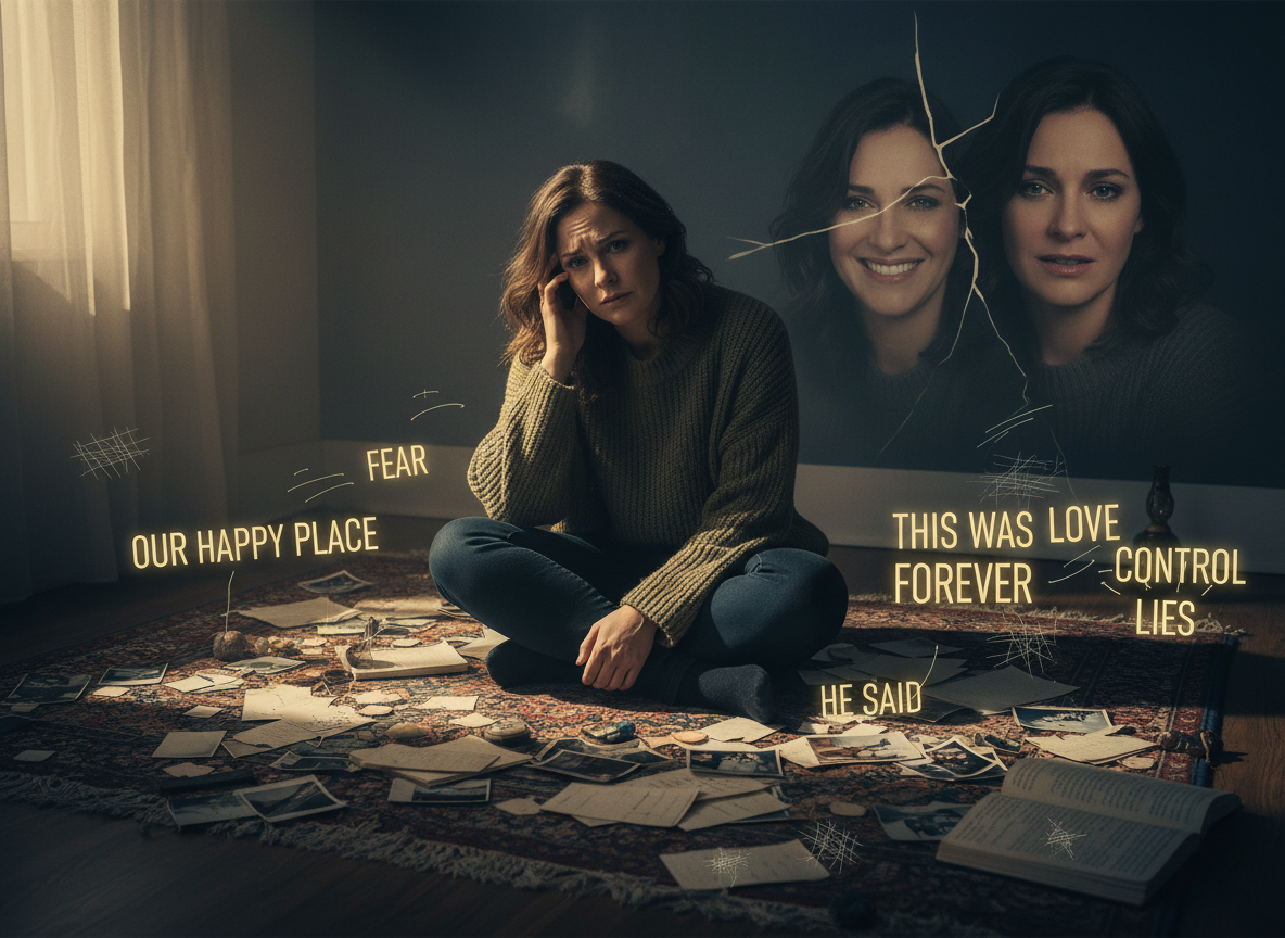 Woman surrounded by broken memories.