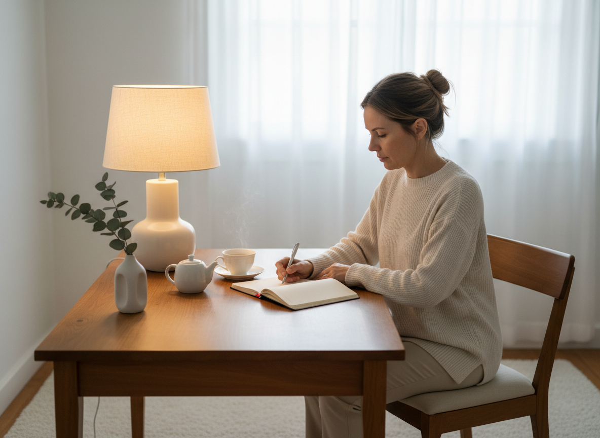 Woman journaling at a cozy table