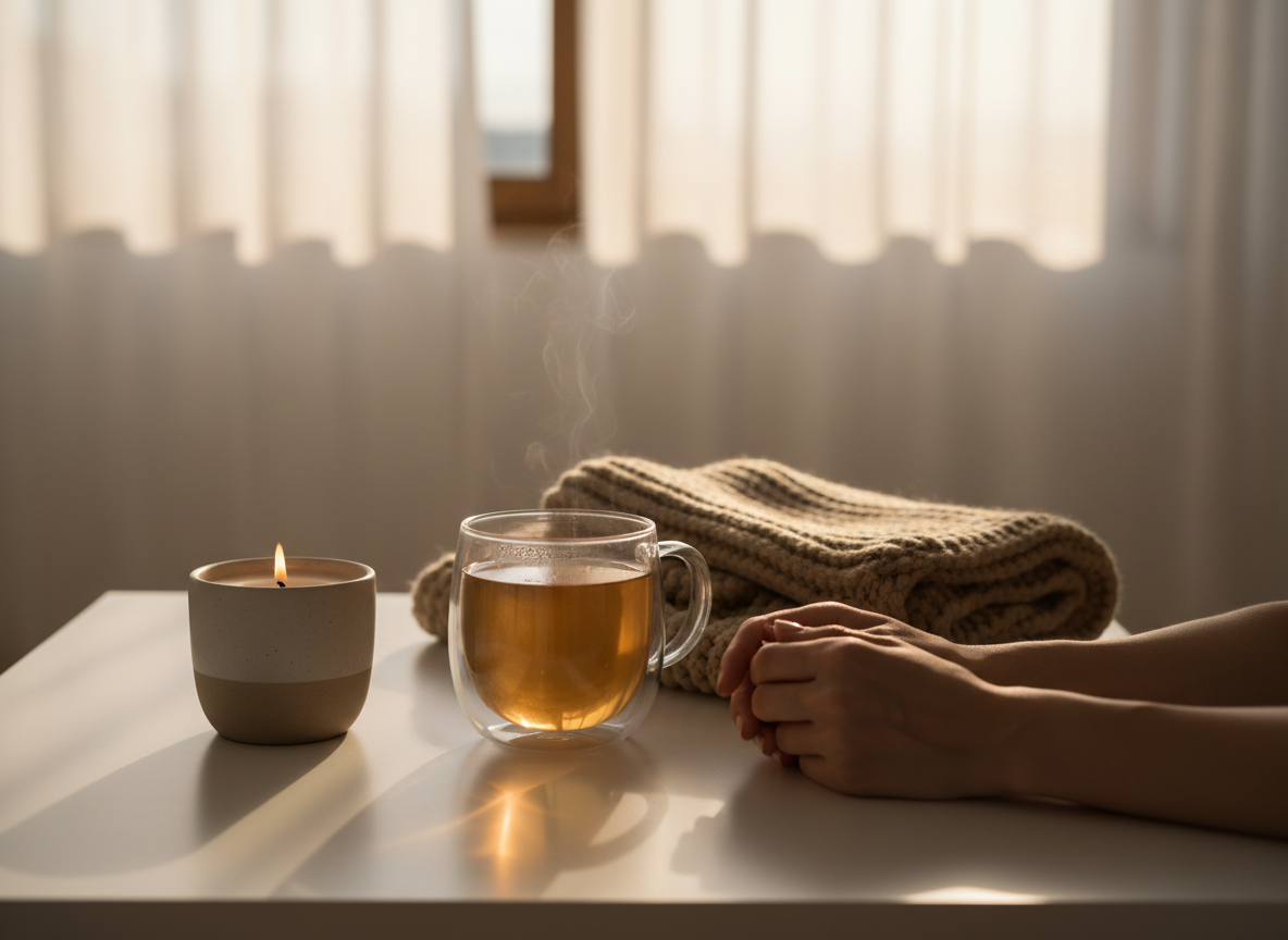Cozy tea, candle, and soft blanket.