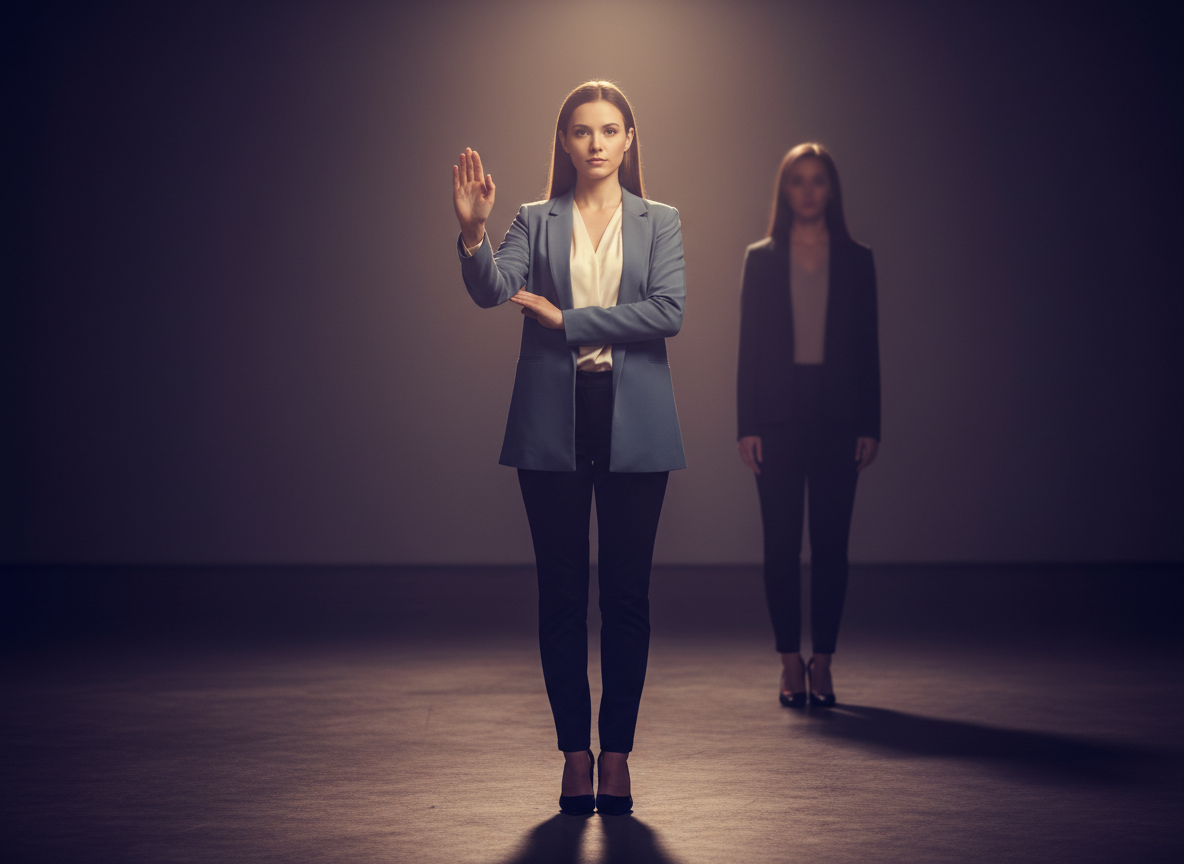 Two women in business attire, dramatic lighting.