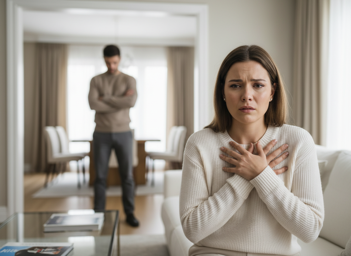 Woman distressed, man standing away.