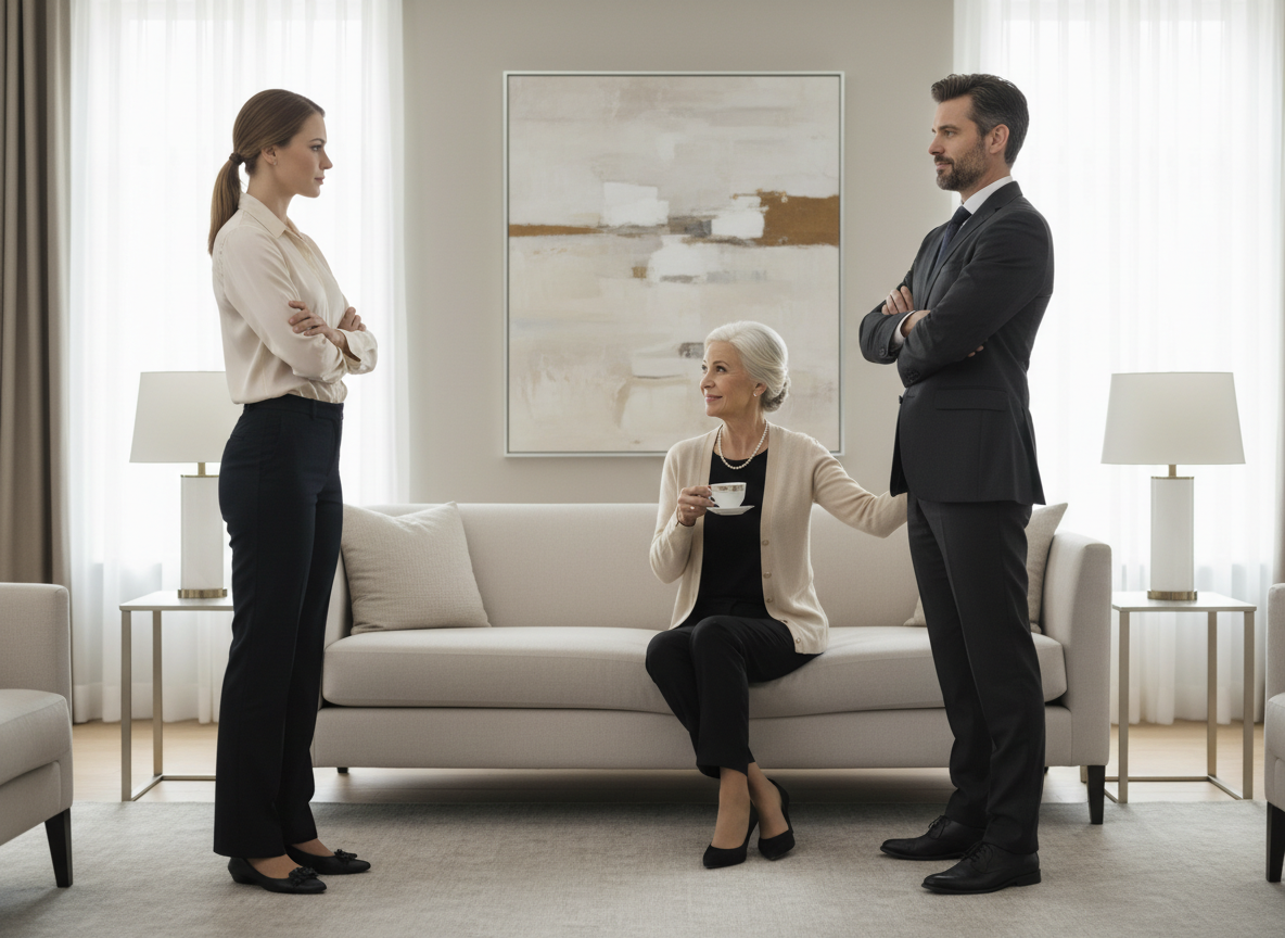 Tense family discussion in modern living room.