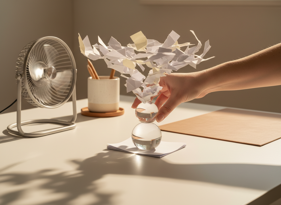 Hand holding paper above glass orb