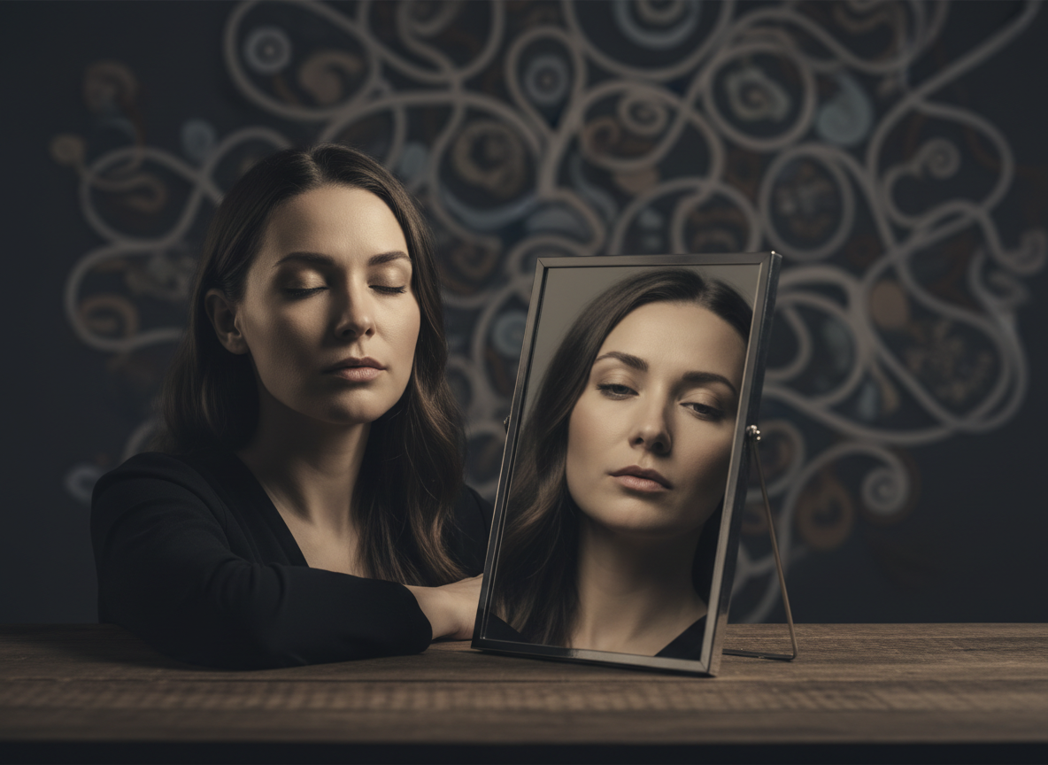 Woman reflecting in a mirror.