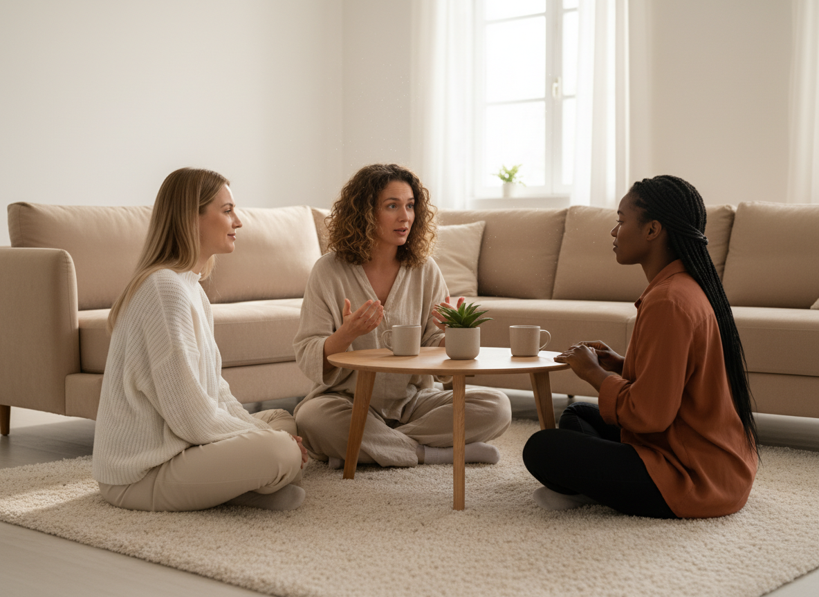 Three women sitting in discussion.