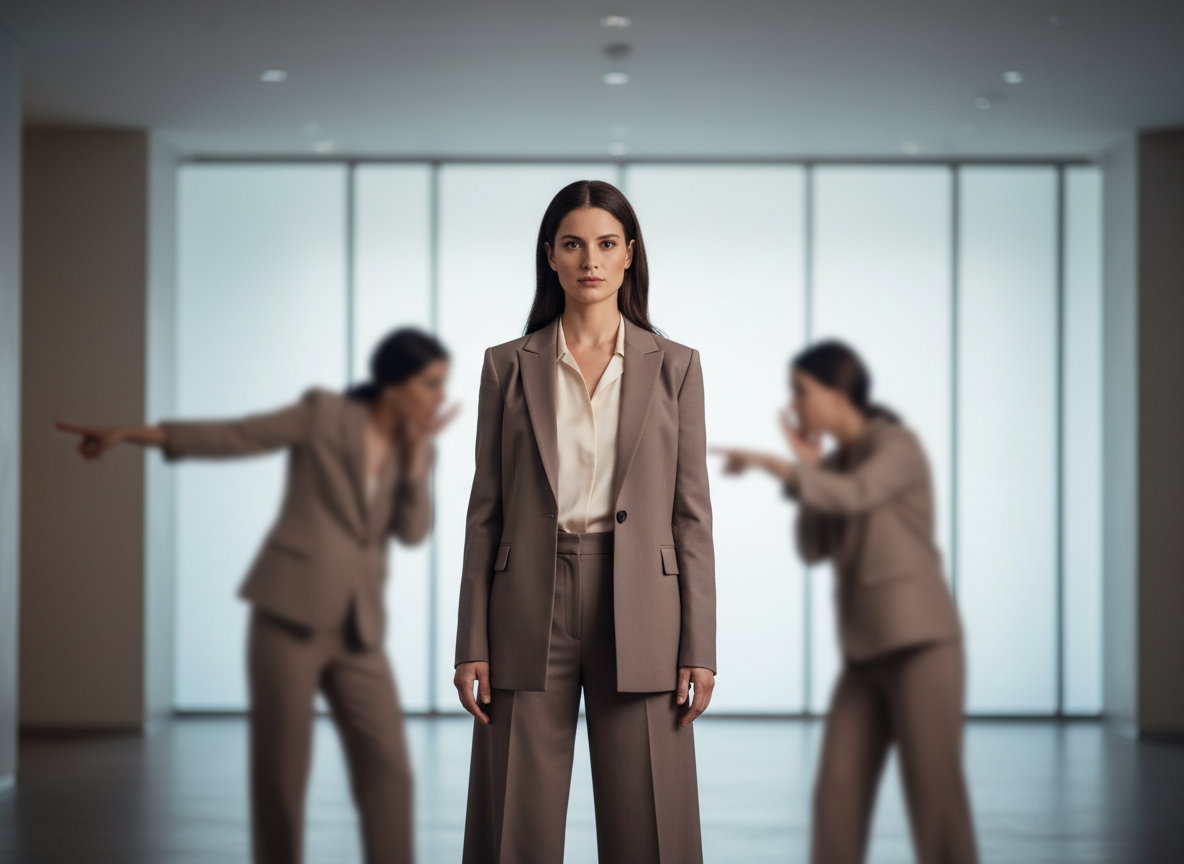 Confident woman with two pointing figures